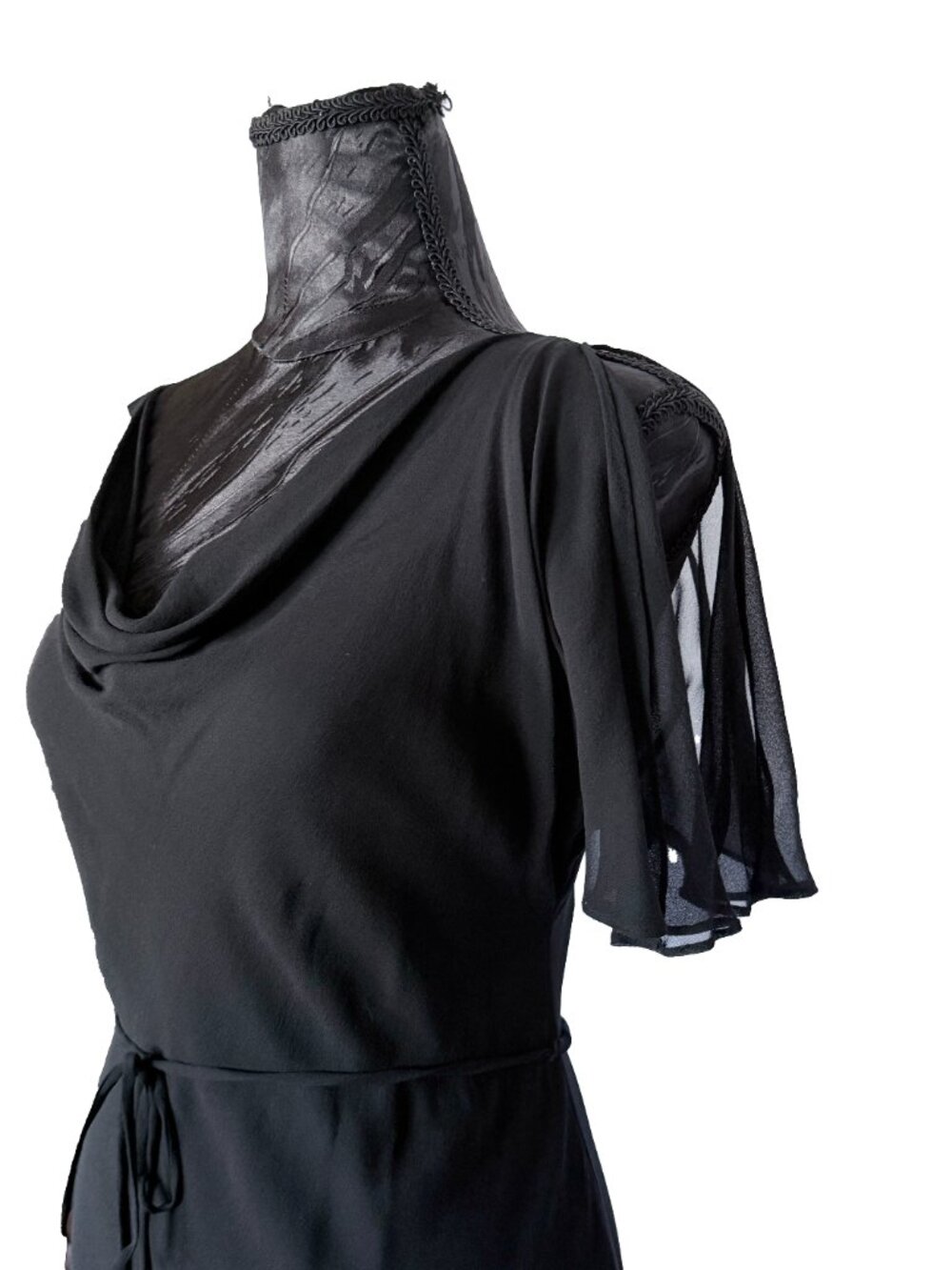 Vintage Express 100% Silk Cowl Neck Midi Dress Black 3/4